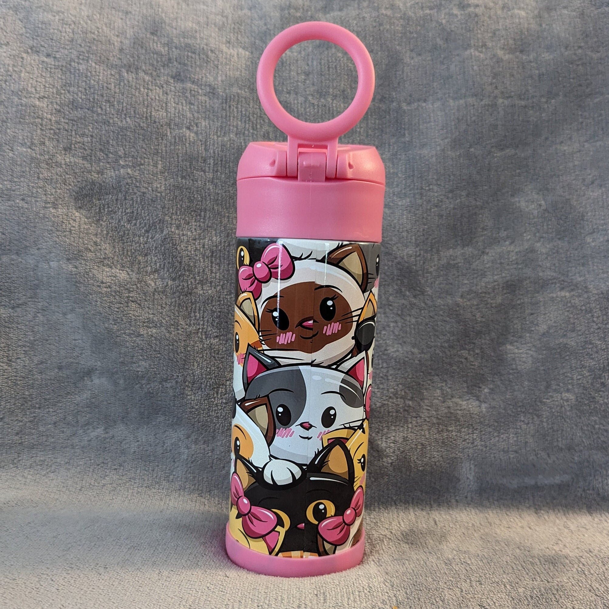 Kids Cat Water Bottle 12oz With Reusable Straw Can Be Personalized
