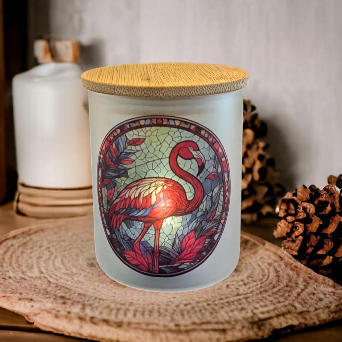 Pink Flamingo Candle Holder With A Stained Glass Design, Includes A Battery Operated Flickering Tea Light