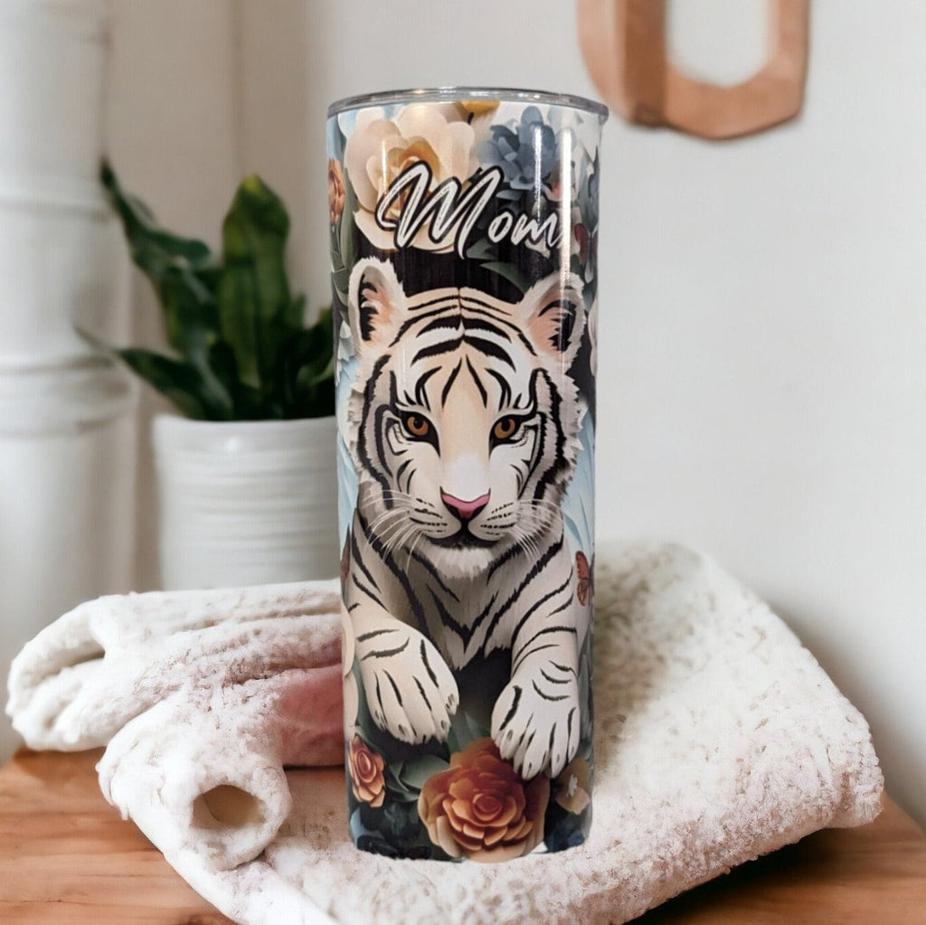 3D White Tiger Design Tumbler 20oz With Reusable Straw, Can Be Personalized