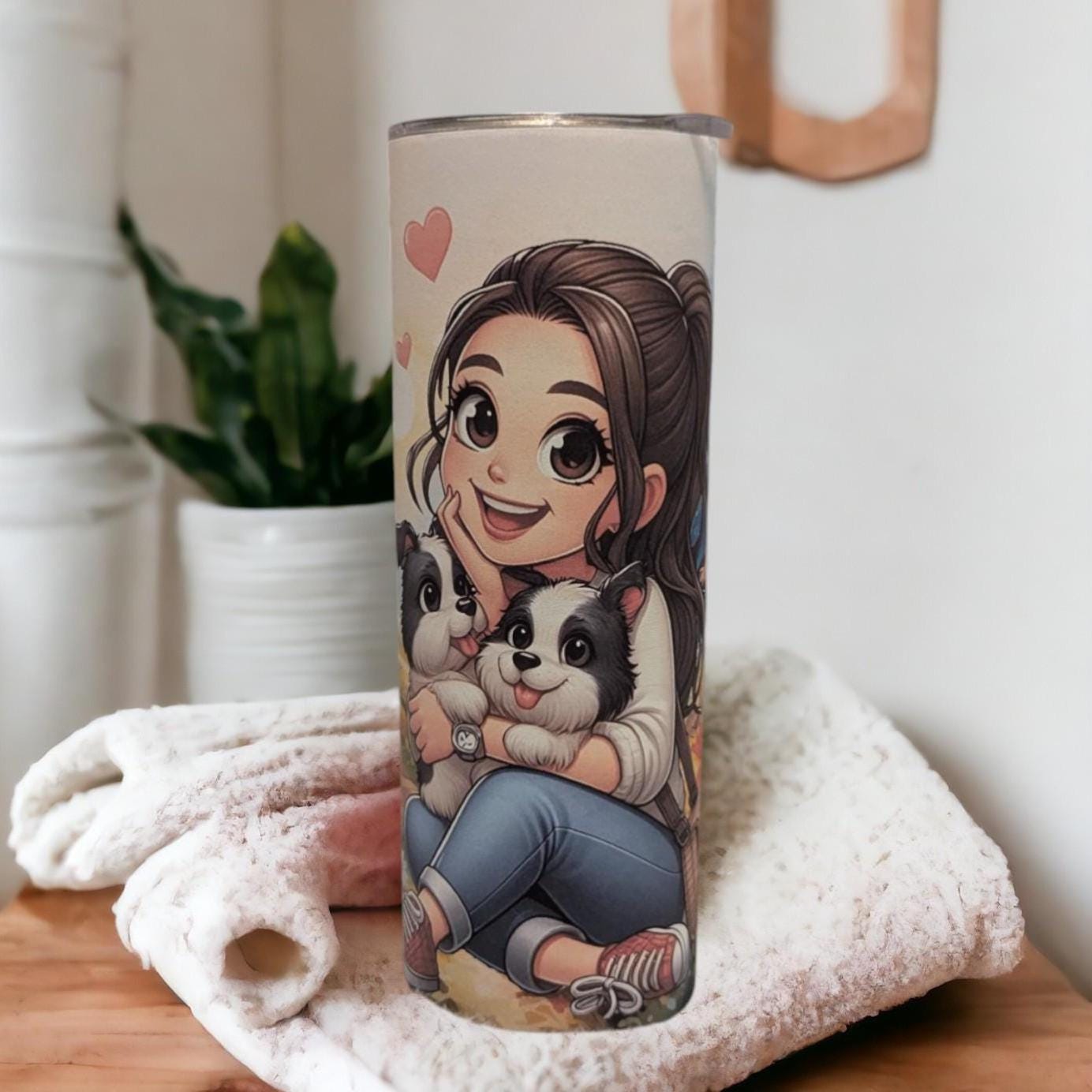 Adorable Girl with Puppies Tumbler 20oz With Reusable Straw, Can Be Personalized