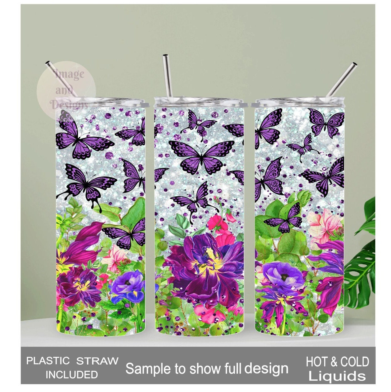 Butterfly Tumbler With Purple Butterflies and Flowers 20oz With Reusable Straw, Can Be Personalized