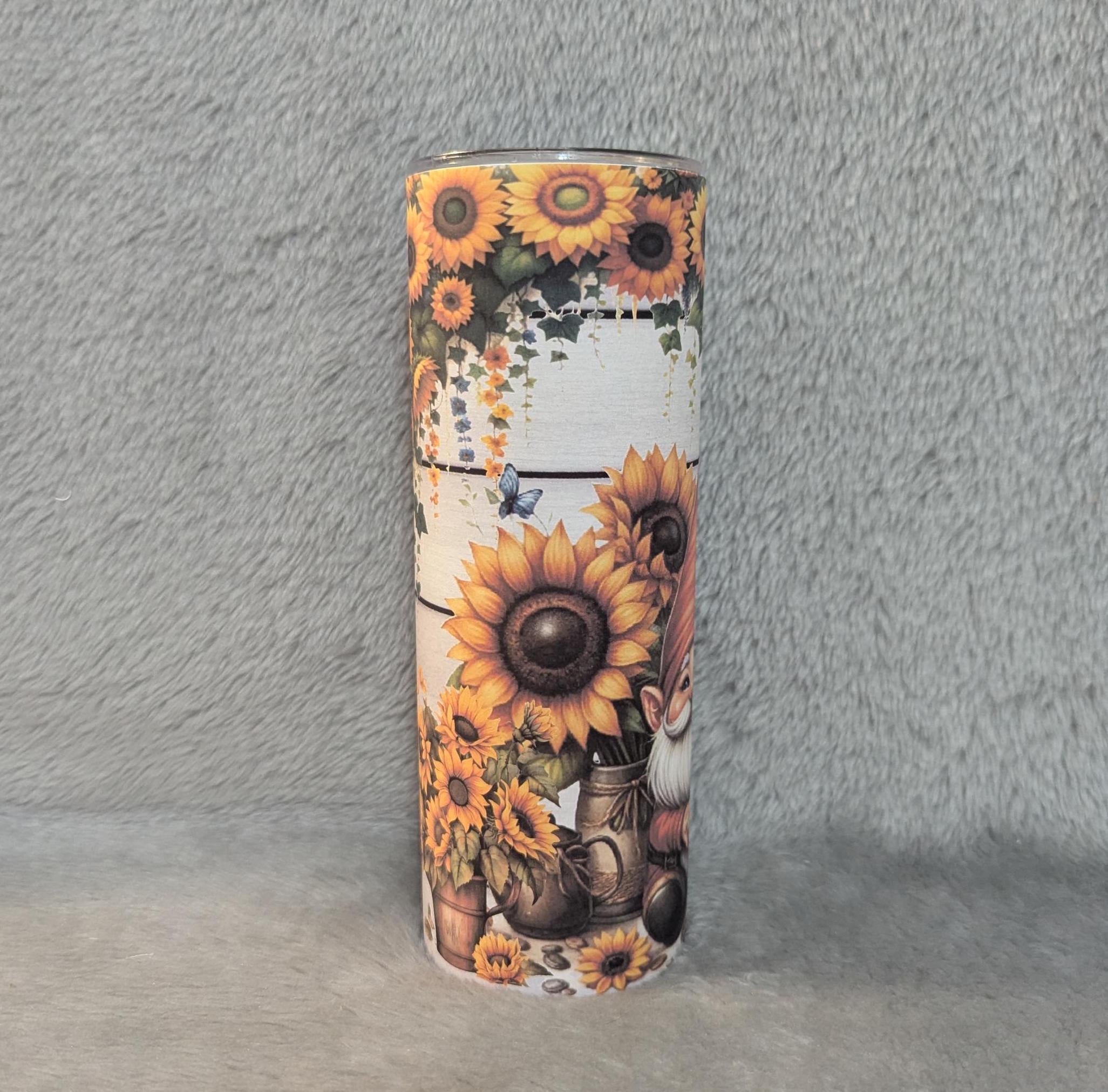 Sunflower Gnome Tumbler 20oz With Reusable Straw, Can Be Personalized