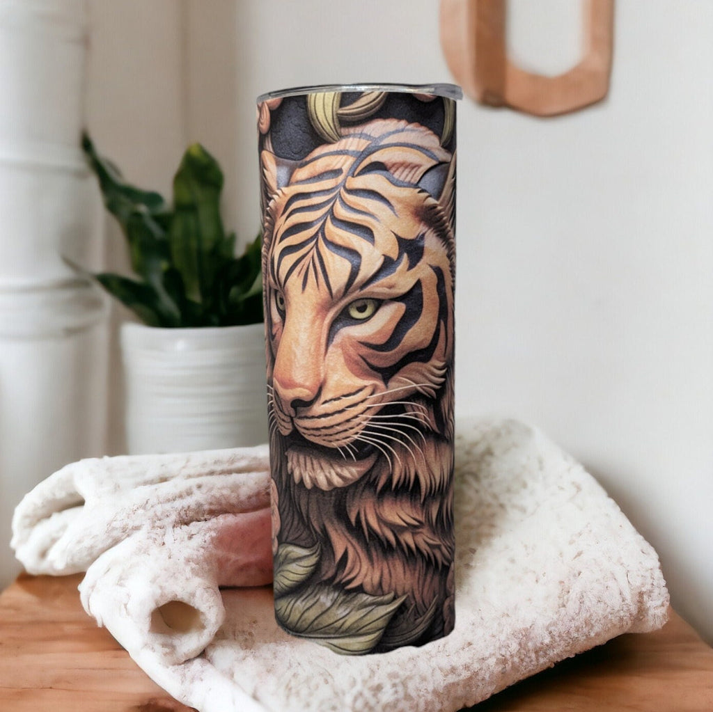 Tiger Tumbler With A Wood Carved Design  20oz With Reusable Straw, Can Be Personalized