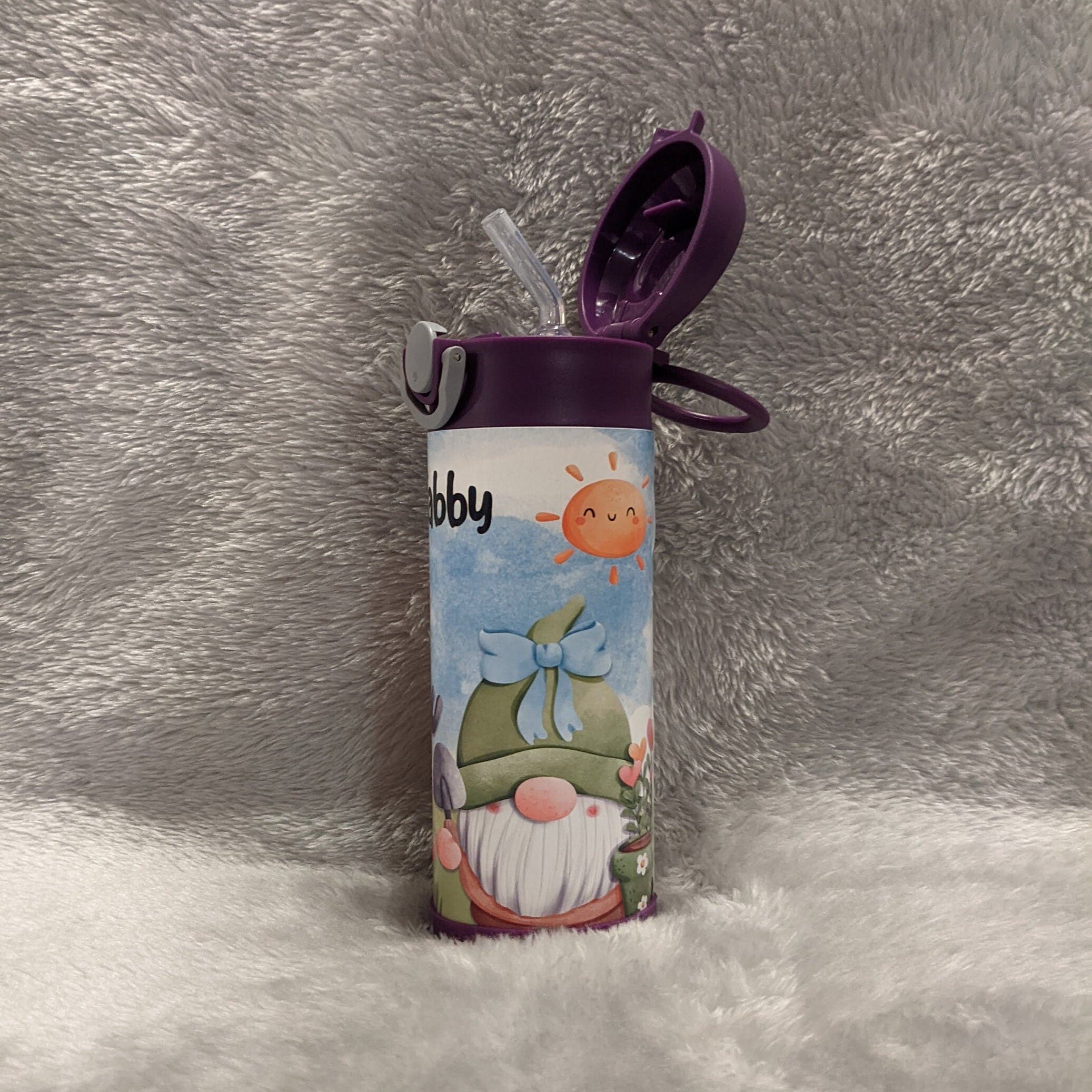 Kids Gnome Water Bottle 12oz With Reusable Straw Can Be Personalized