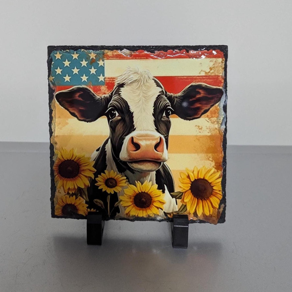 Slate Sunflower Cow Picture With Display Legs