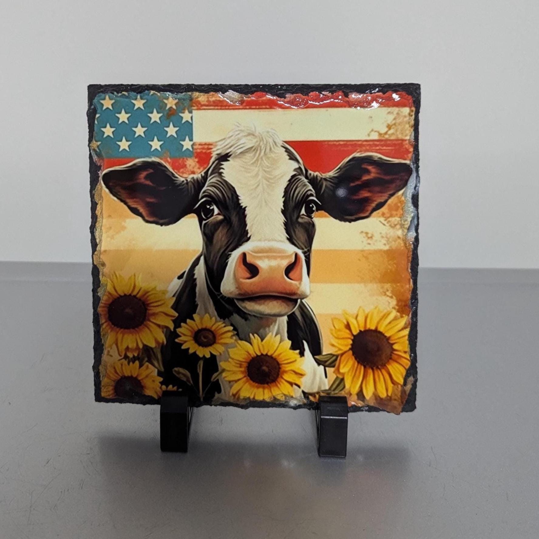 Slate Sunflower Cow Picture With Display Legs