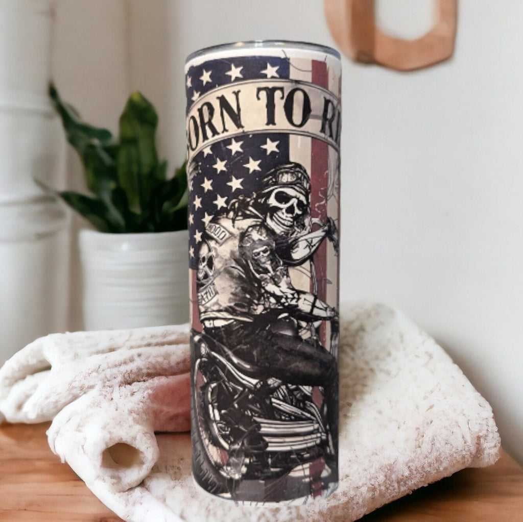 Born To Ride Skeleton Motorcyclist Tumbler 20oz With Reusable Straw, Can Be Personalized