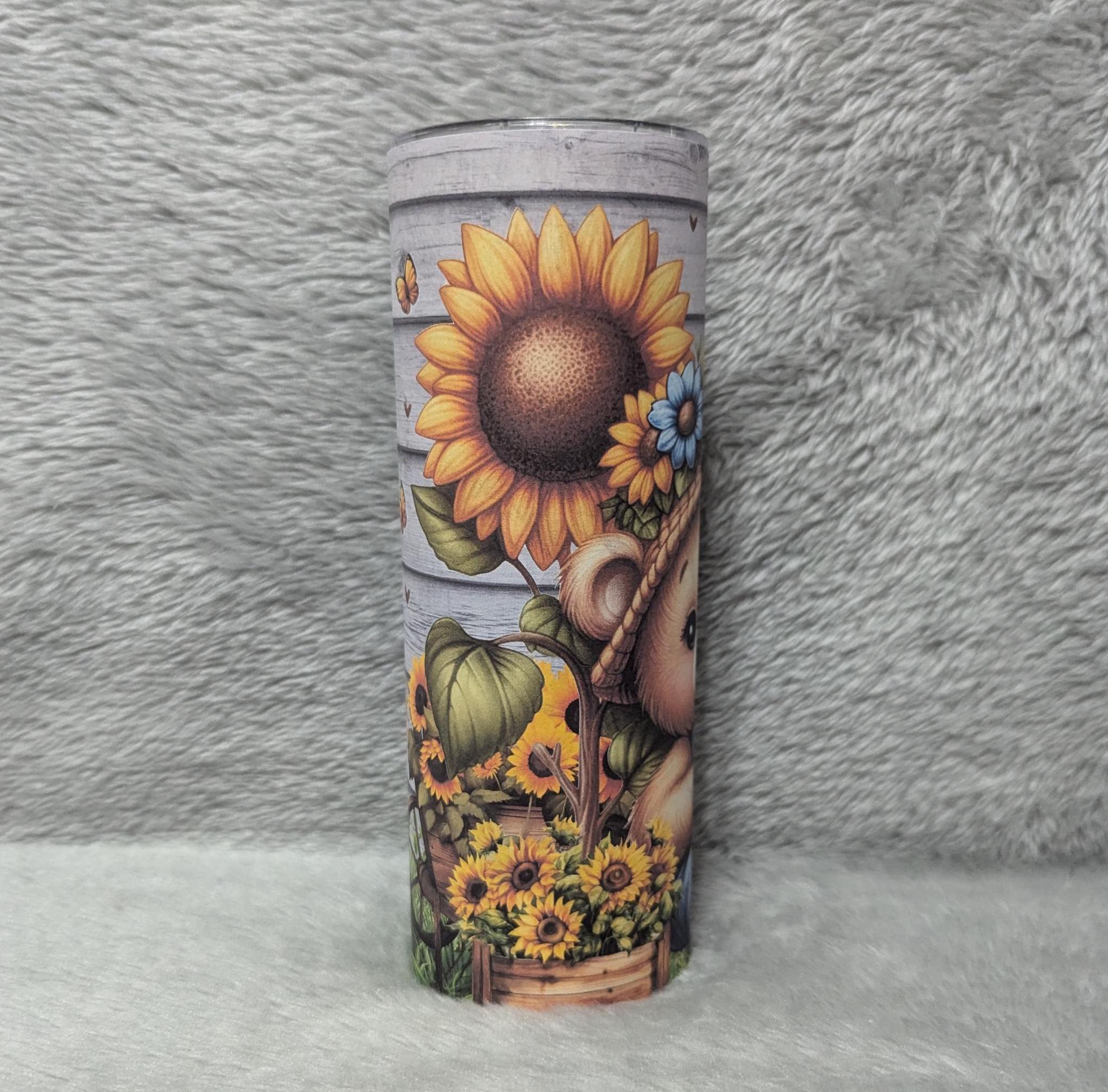 Sunflower Bear Tumbler 20oz With Reusable Straw, Can Be Personalized