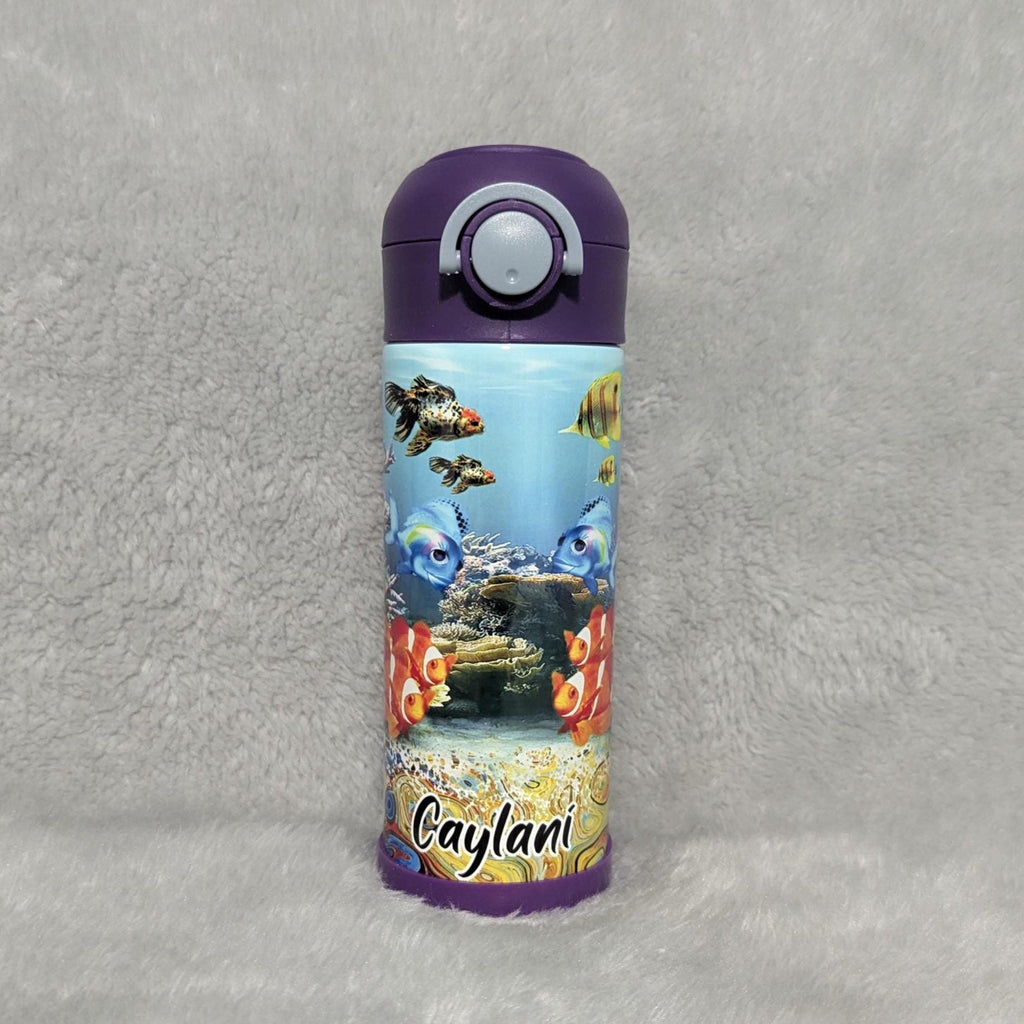 Kids Fish Aquarium Design Water Bottle 12oz With Reusable Straw Can Be Personalized