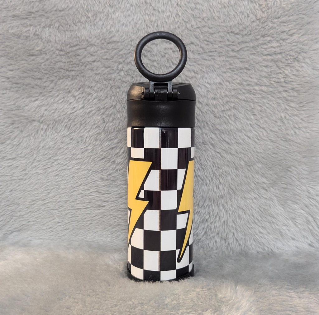 Kids Checkered Lightning Bolt Water Bottle 12oz With Reusable Straw Can Be Personalized