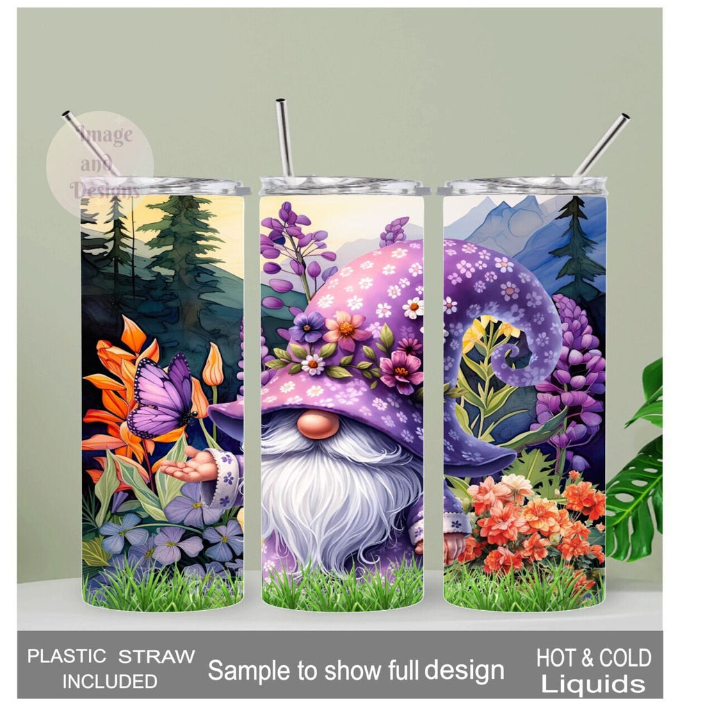 Lavender Flower Gnome Tumbler 20oz With Reusable Straw, Can Be Personalized
