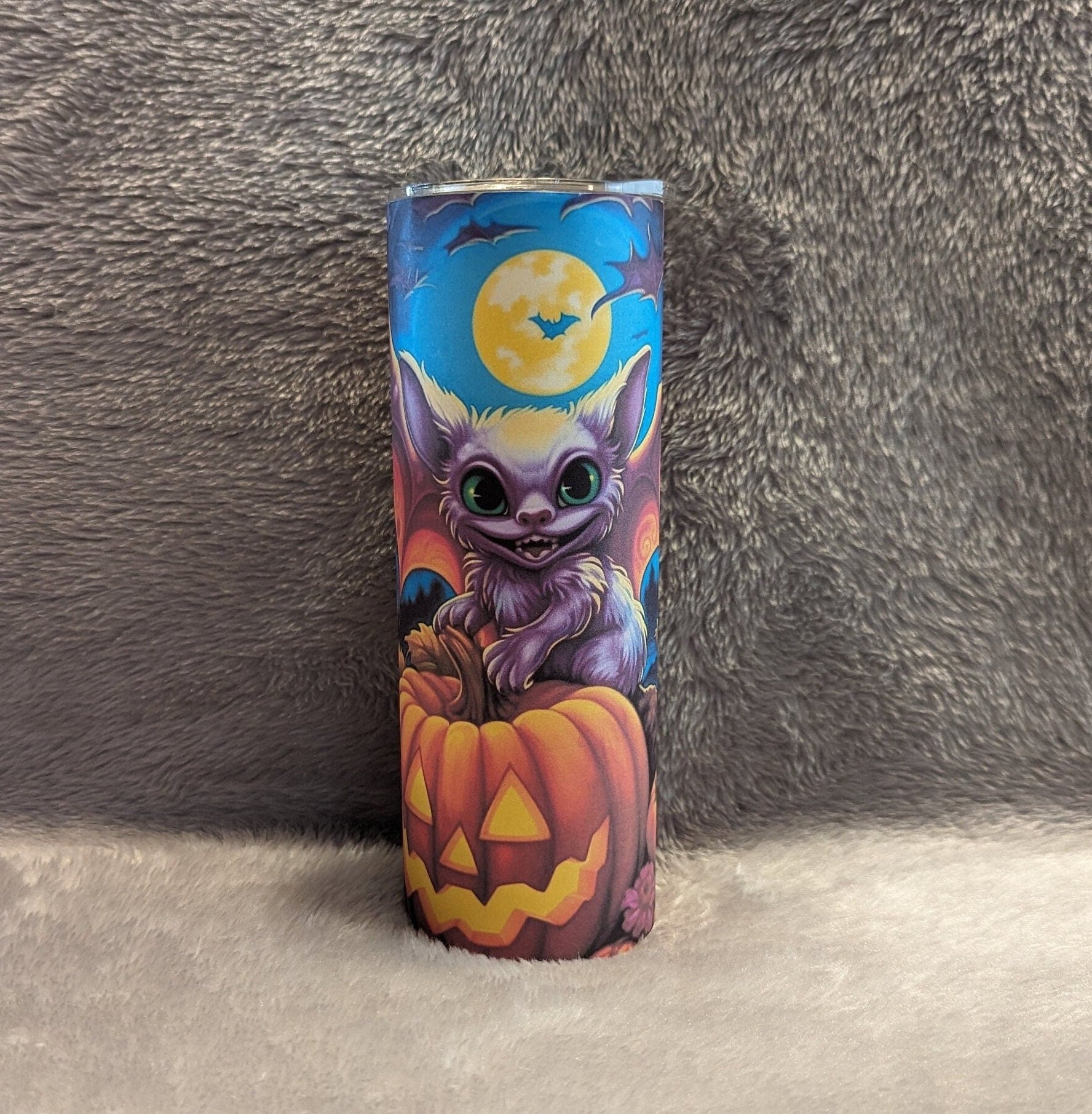 Cute Halloween Bat Tumbler with Pumpkins and A Bat 20oz With Reusable Straw, Can Be Personalized