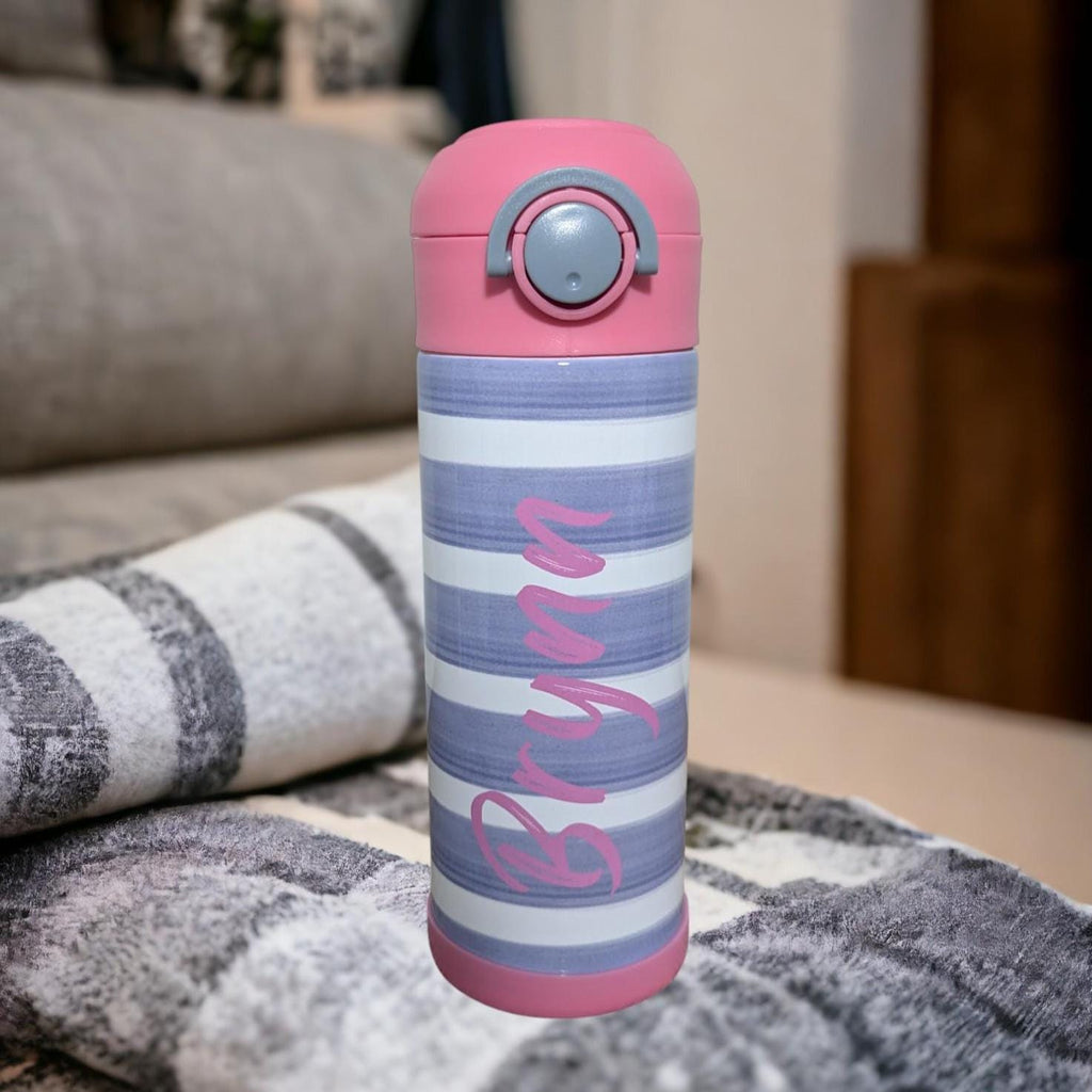 Kids Striped Water Bottle 12oz With Reusable Straw Can Be Personalized