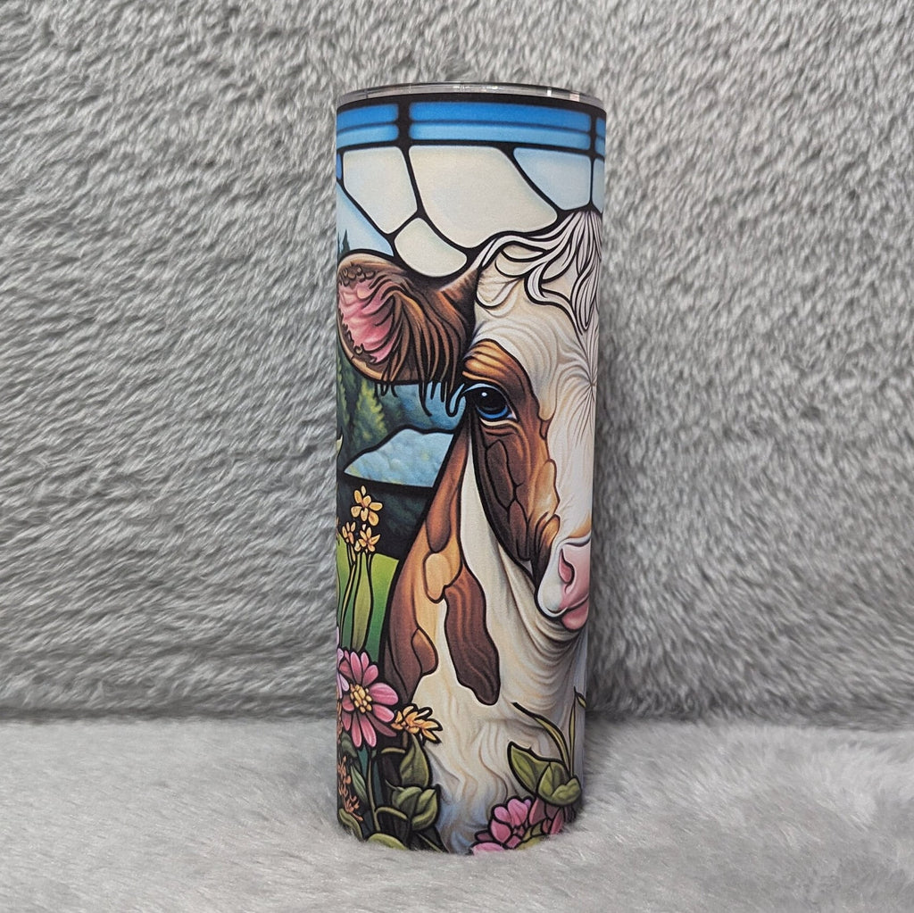Beautiful Cow Tumbler with A Stunning Stained Glass Design 20oz With Reusable Straw, Can Be Personalized