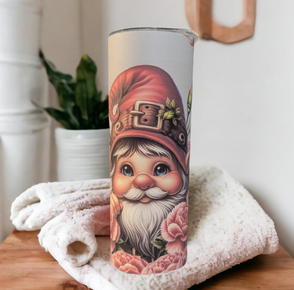 Gnome Tumbler With Pink Flowers 20oz With Reusable Straw, Can Be Personalized
