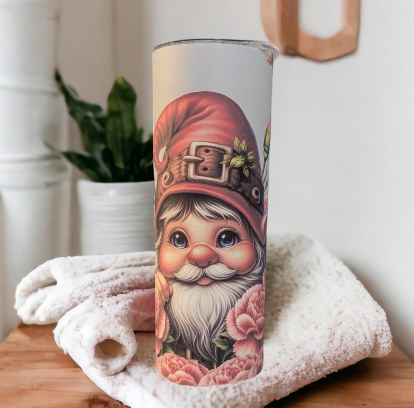 Gnome Tumbler With Pink Flowers 20oz With Reusable Straw, Can Be Personalized