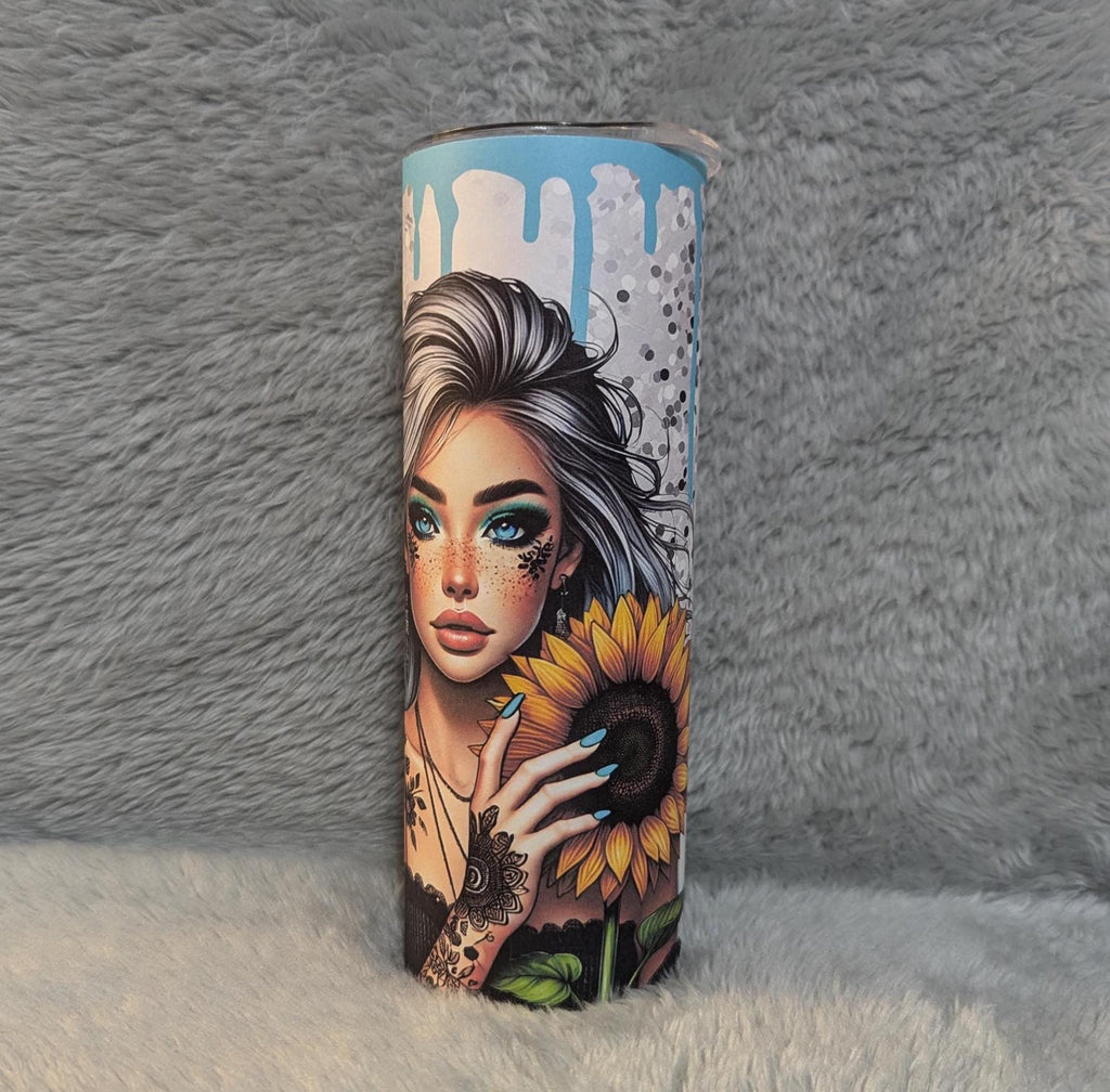 Pretty Sunflower Girl 20oz Tumbler 20oz With Reusable Straw, Can Be Personalized