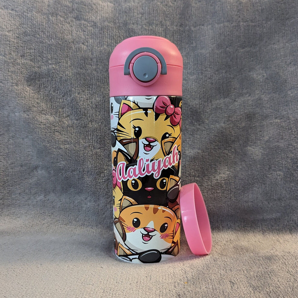 Kids Cat Water Bottle 12oz With Reusable Straw Can Be Personalized