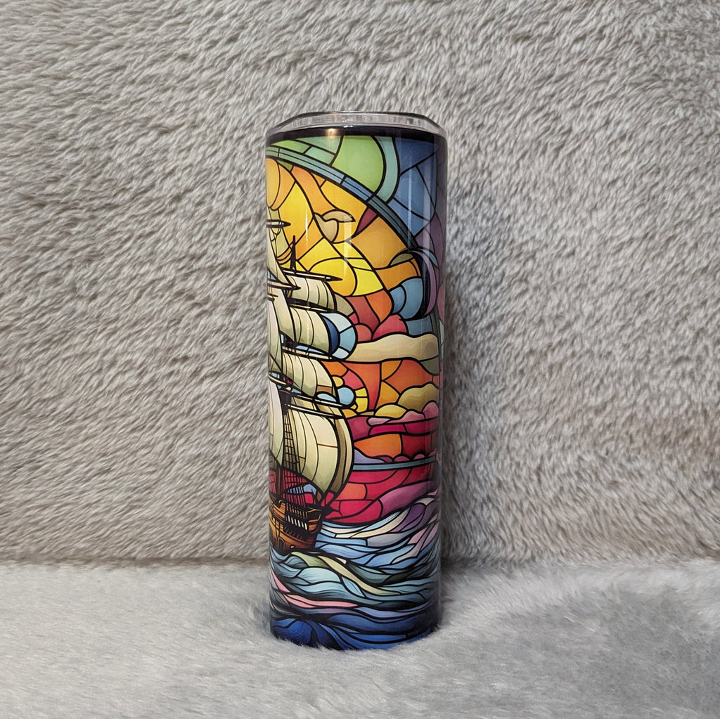 Sailboat Ship Tumbler with Stained Glass Design, 20oz With Reusable Straw