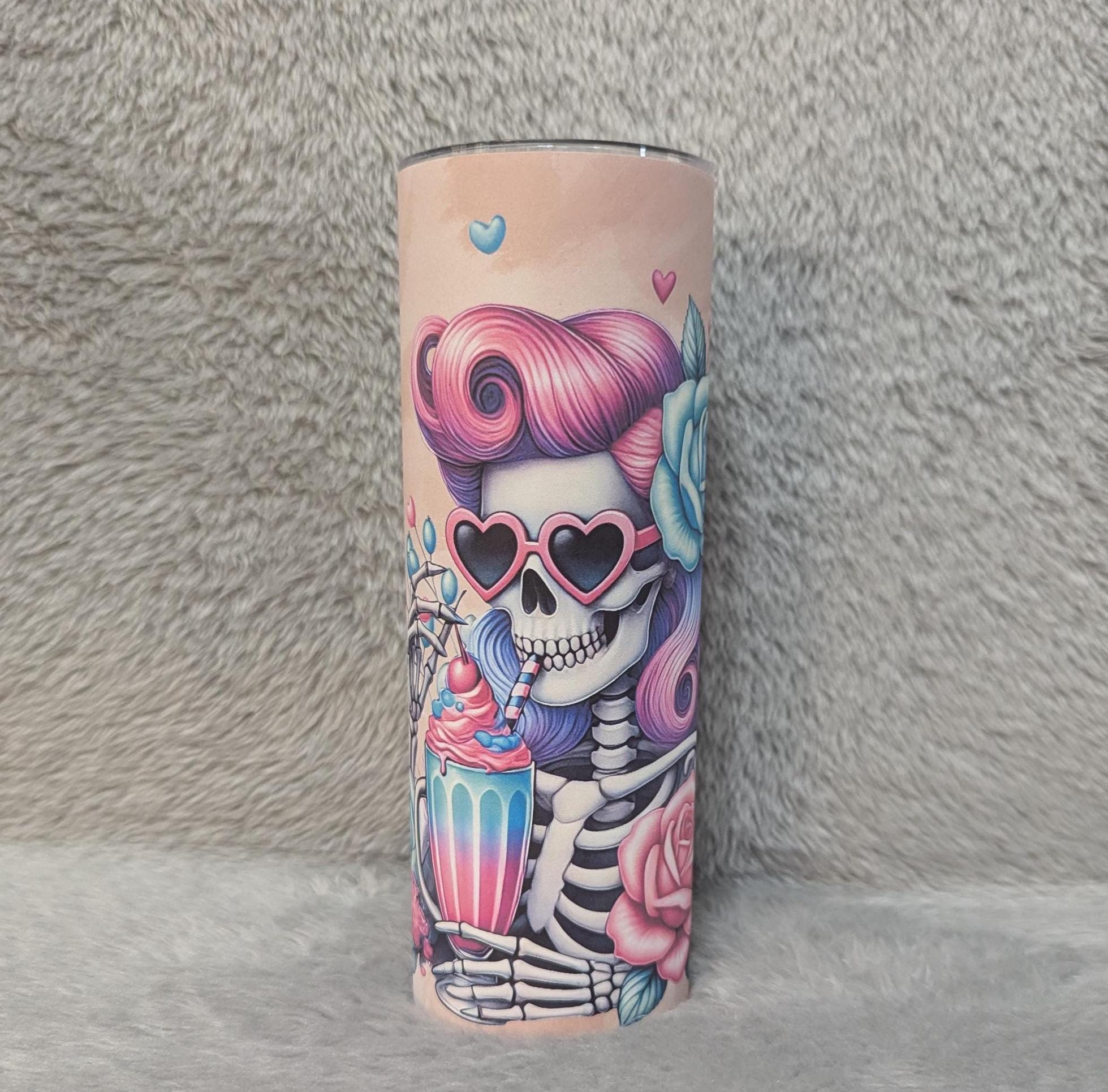Pastel Skeleton Girl Tumbler 20oz With Reusable Straw, Can Be Personalized