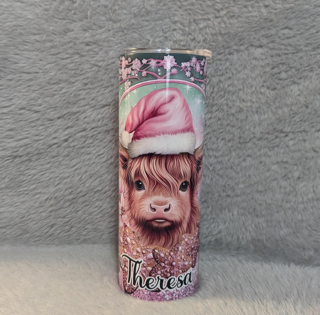 Christmas Highland Cow Tumbler 20oz With Reusable Straw, Can Be Personalized
