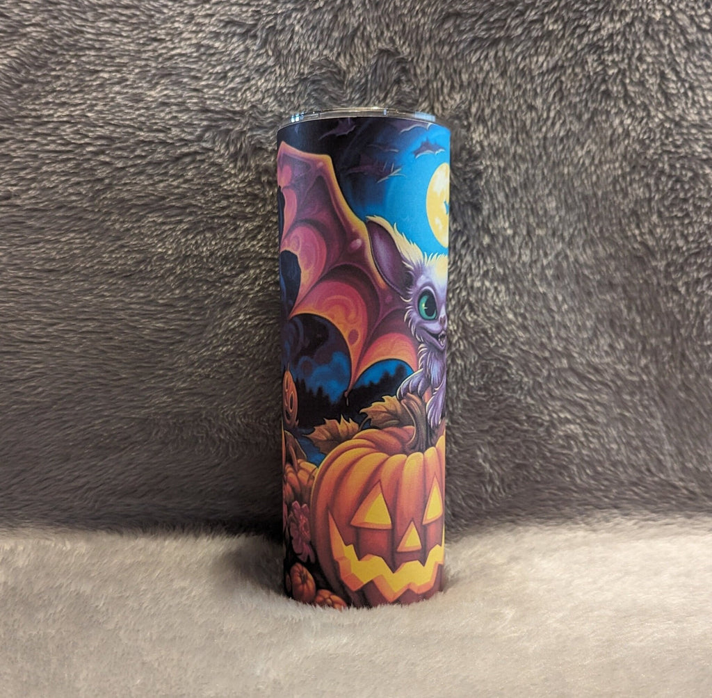 Cute Halloween Bat Tumbler with Pumpkins and A Bat 20oz With Reusable Straw, Can Be Personalized