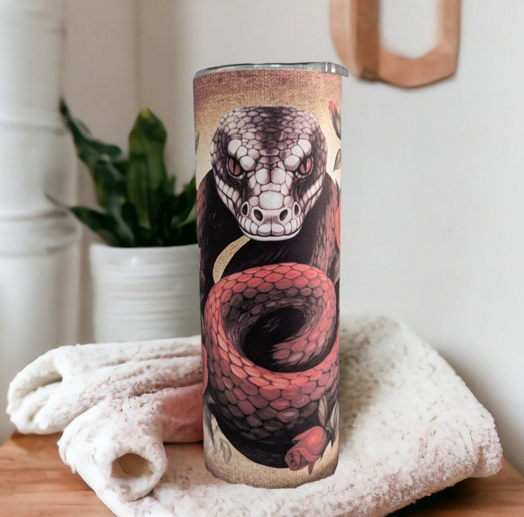 Snake Tumbler With Roses and Butterflies 20oz With Reusable Straw, Can Be Personalized