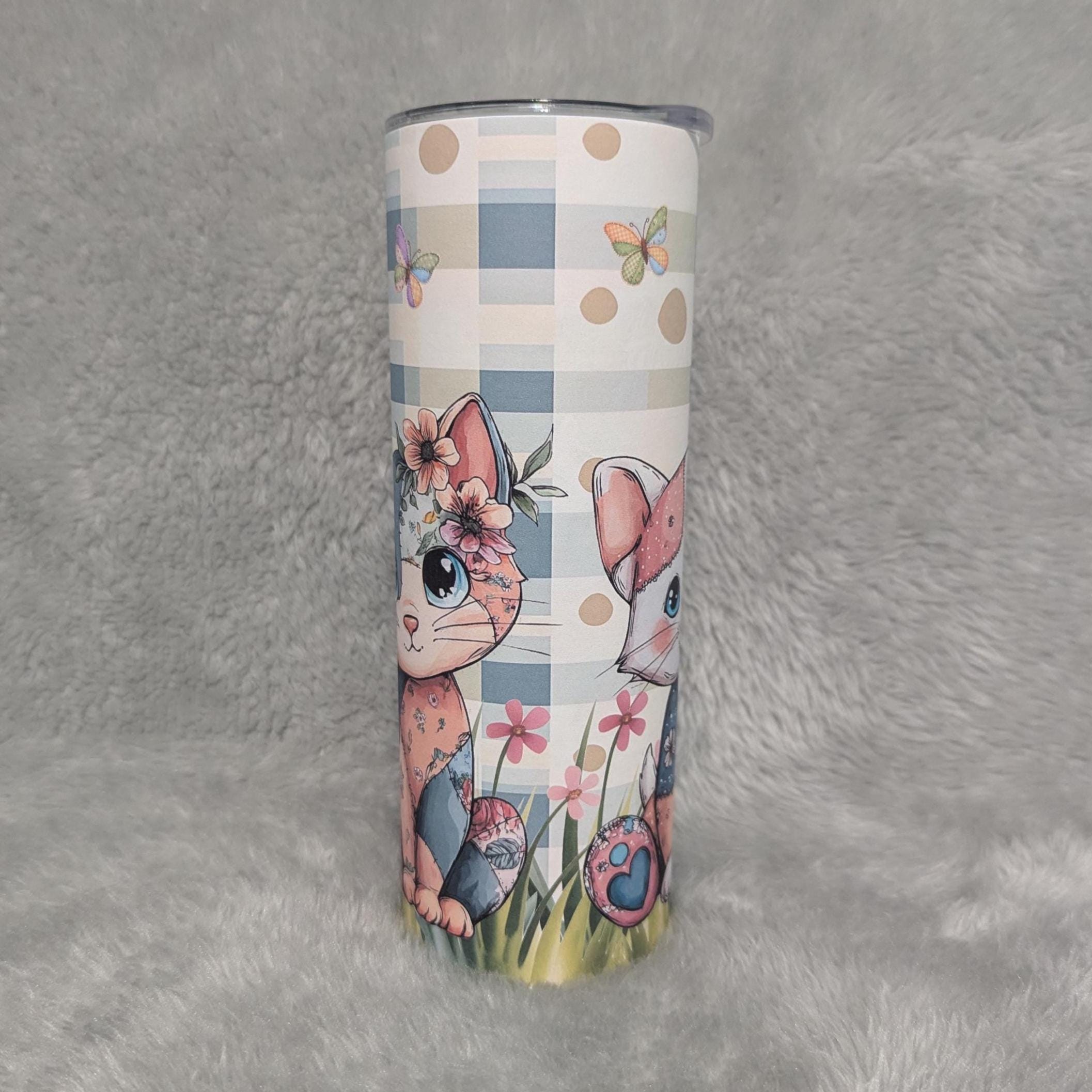 Patchwork Design Cat Tumbler 20oz With Reusable Straw, Can Be Personalized