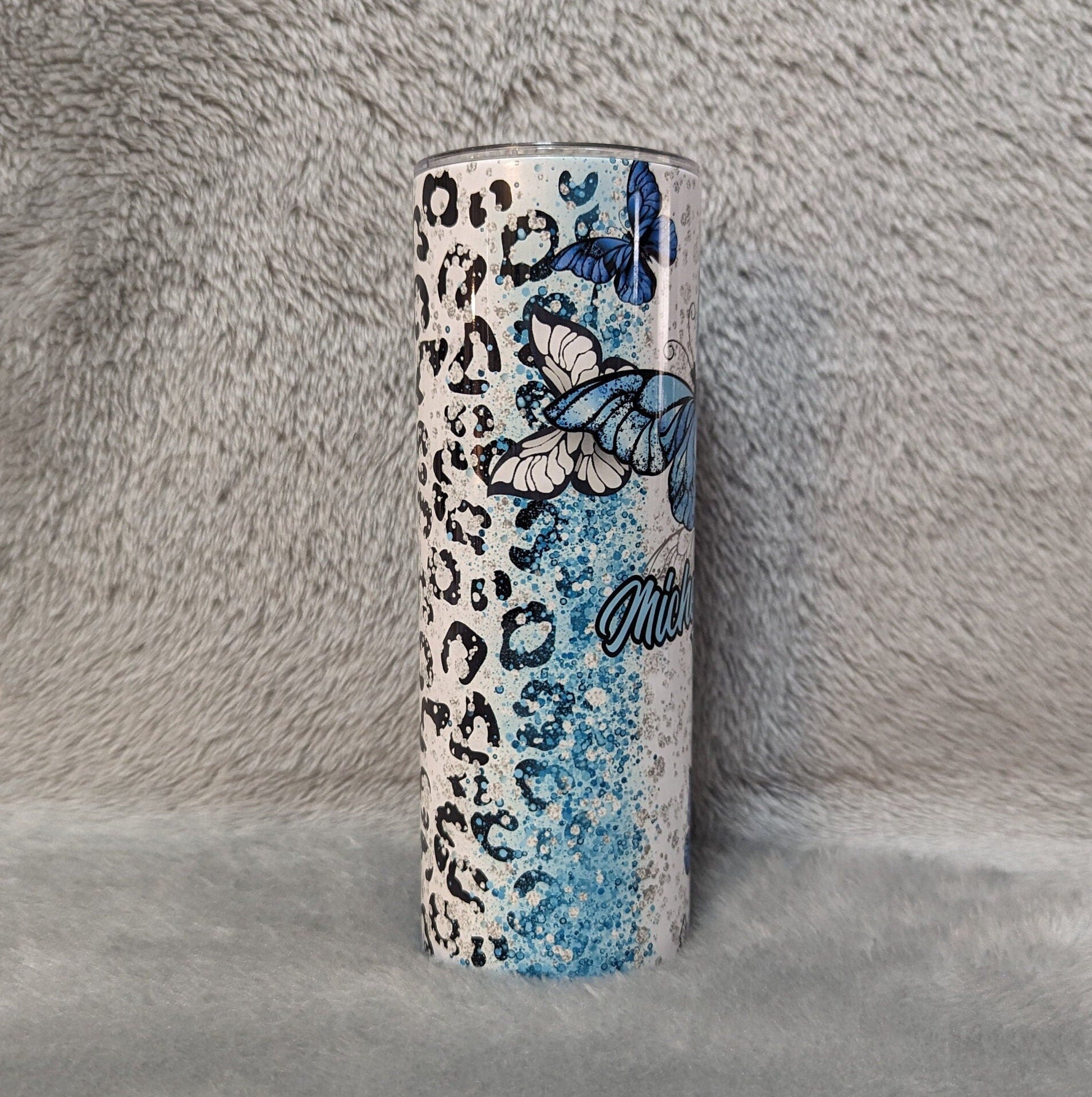 Blue Butterfly Tumbler With Leopard Print and Glitter Desig 20oz With Reusable Straw, Can Be Personalized