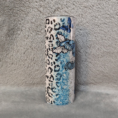 Blue Butterfly Tumbler With Leopard Print and Glitter Desig 20oz With Reusable Straw, Can Be Personalized