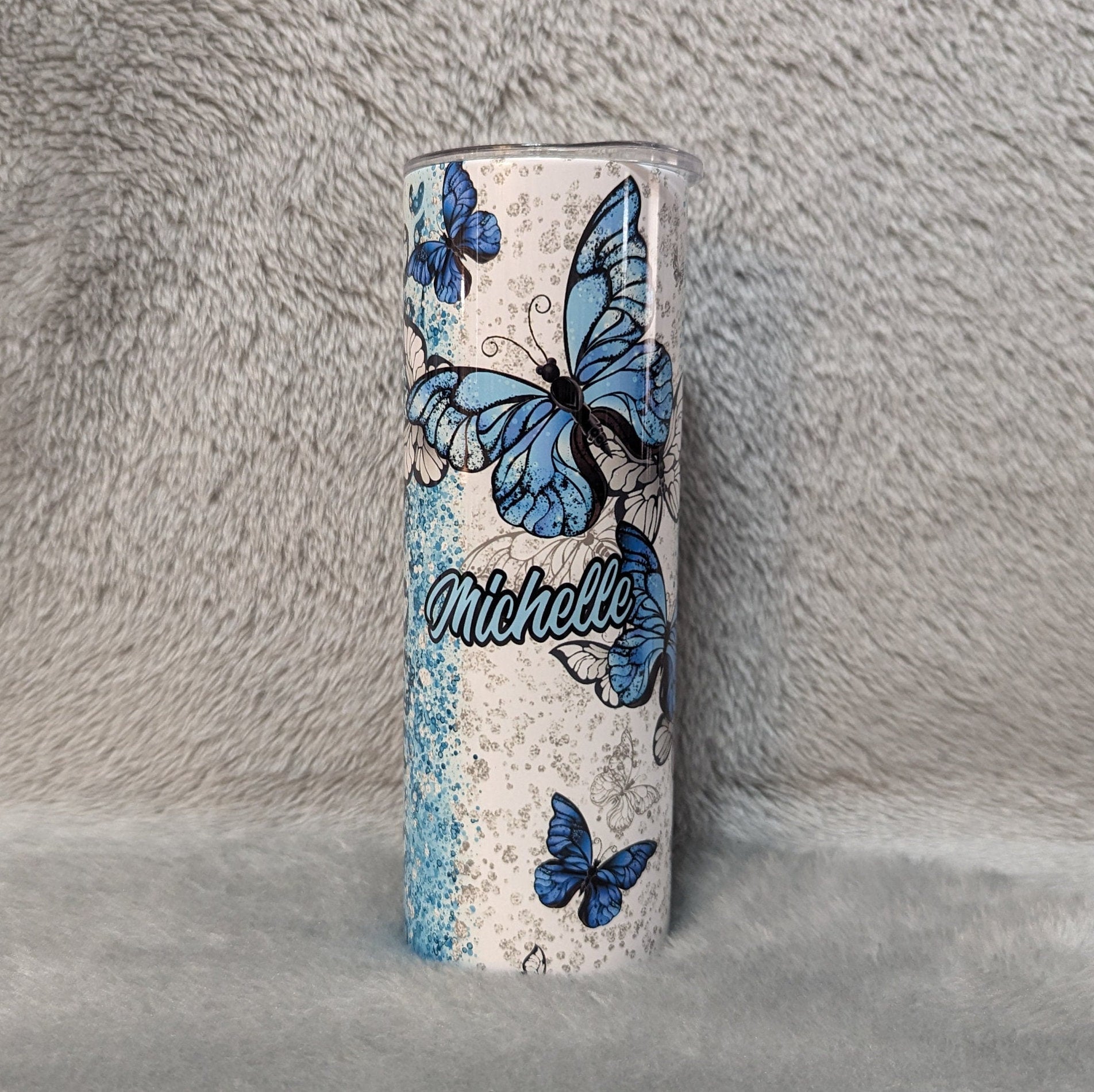 Blue Butterfly Tumbler With Leopard Print and Glitter Desig 20oz With Reusable Straw, Can Be Personalized