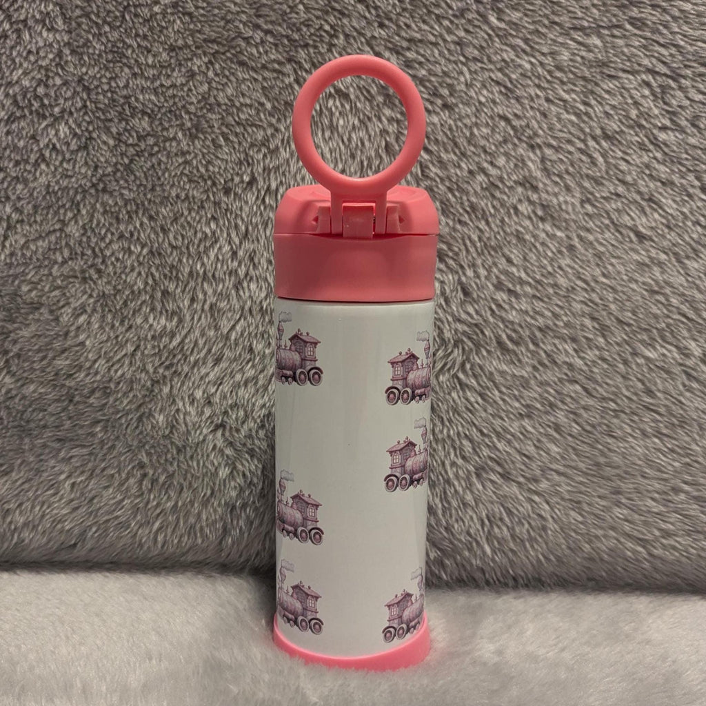 Kids Pink Train Water Bottle 12oz With Reusable Straw Can Be Personalized