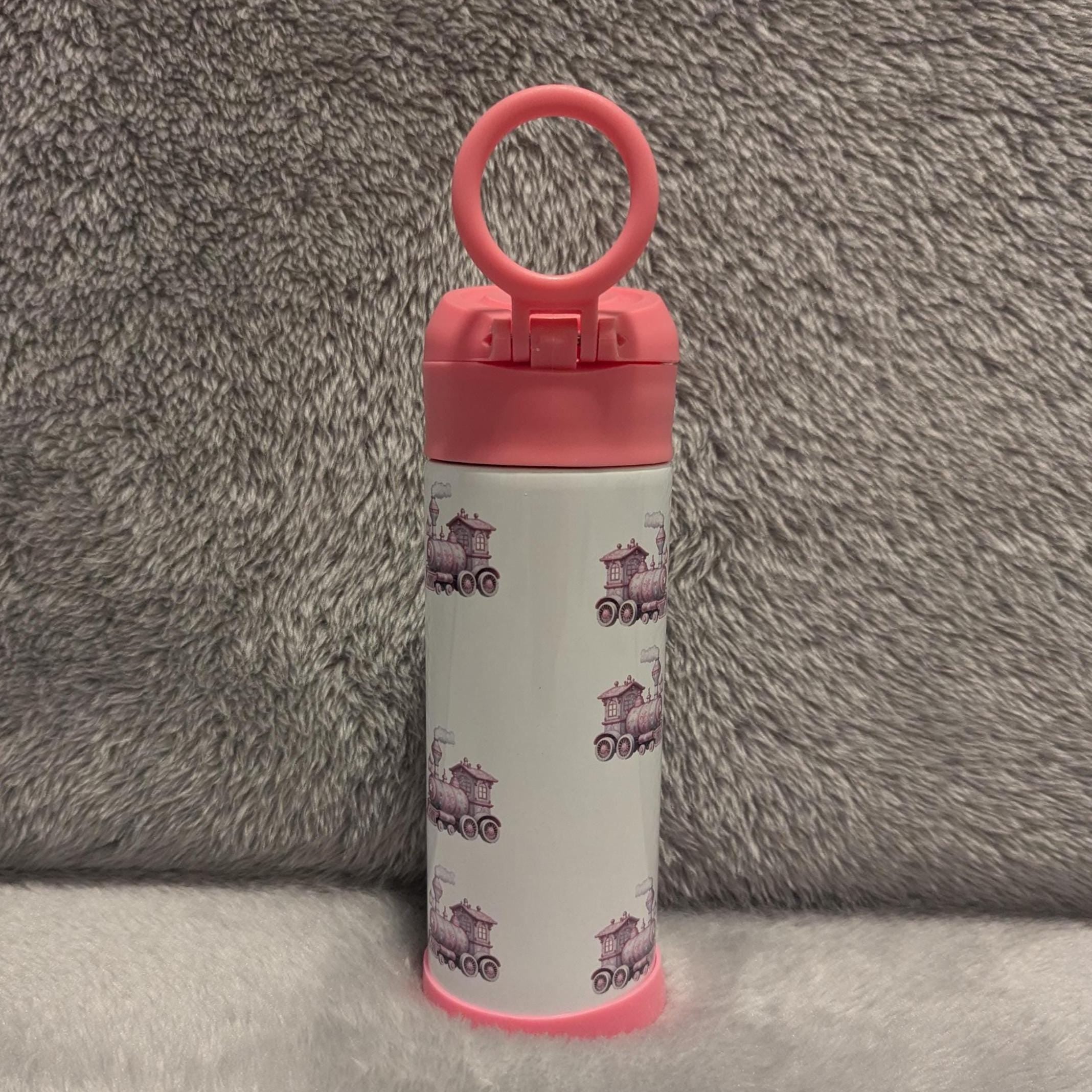 Kids Pink Train Water Bottle 12oz With Reusable Straw Can Be Personalized