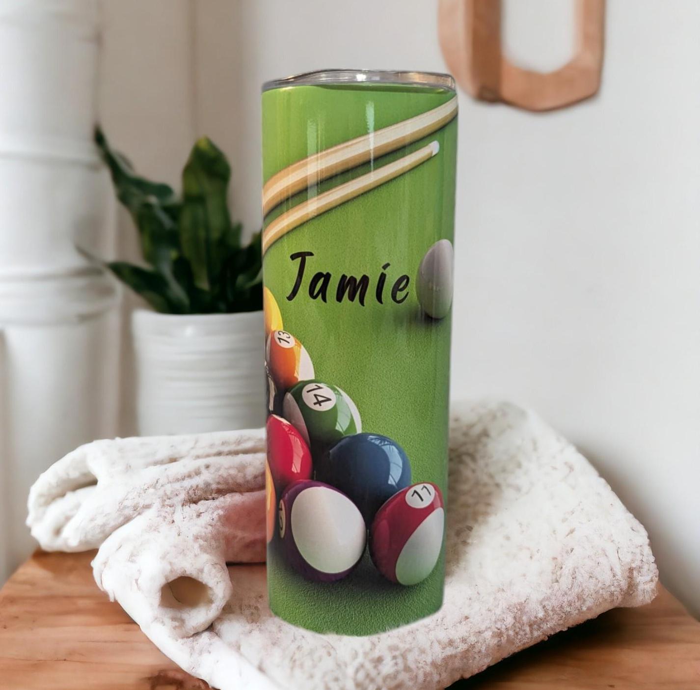 Pool Ball Table with Pool Balls Tumbler 20oz With Reusable Straw, Can Be Personalized