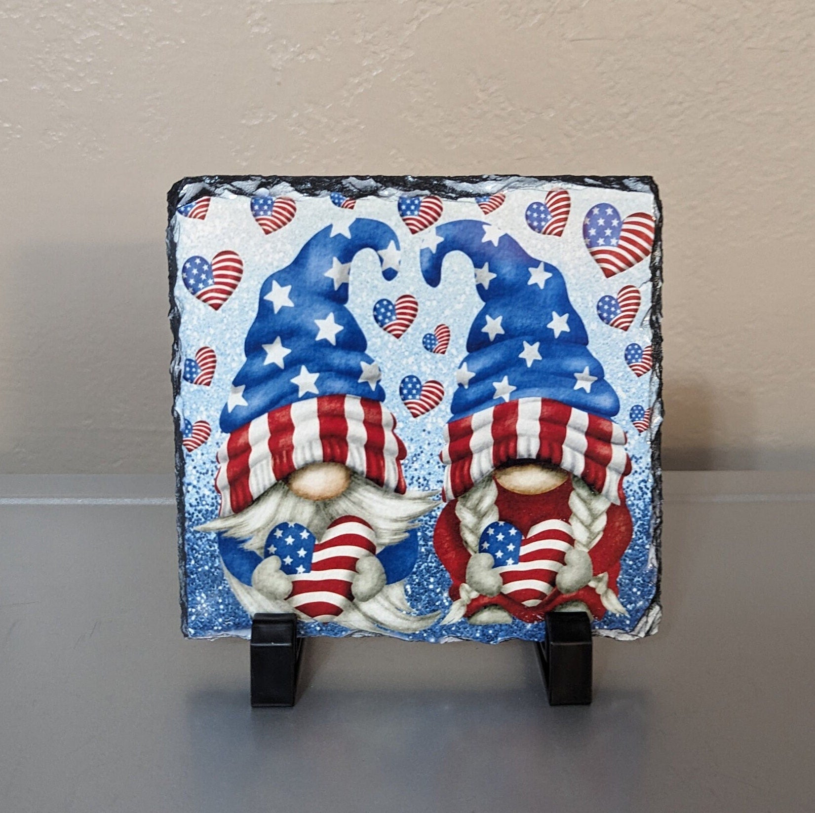 Beautiful Patriotic Gnome Slate Picture With Display Legs