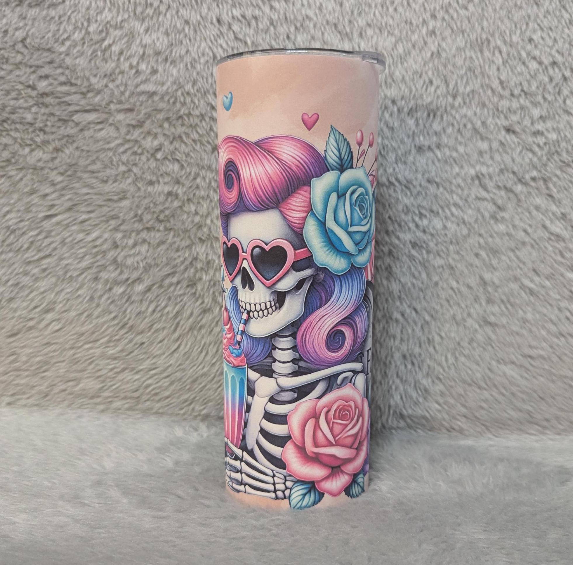 Pastel Skeleton Girl Tumbler 20oz With Reusable Straw, Can Be Personalized
