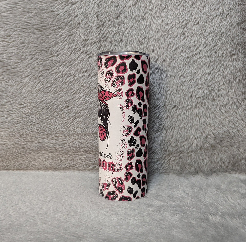 Breast Cancer Warrior Tumbler With A Pink Leopard Print 20oz With Reusable Straw, Can Be Personalized
