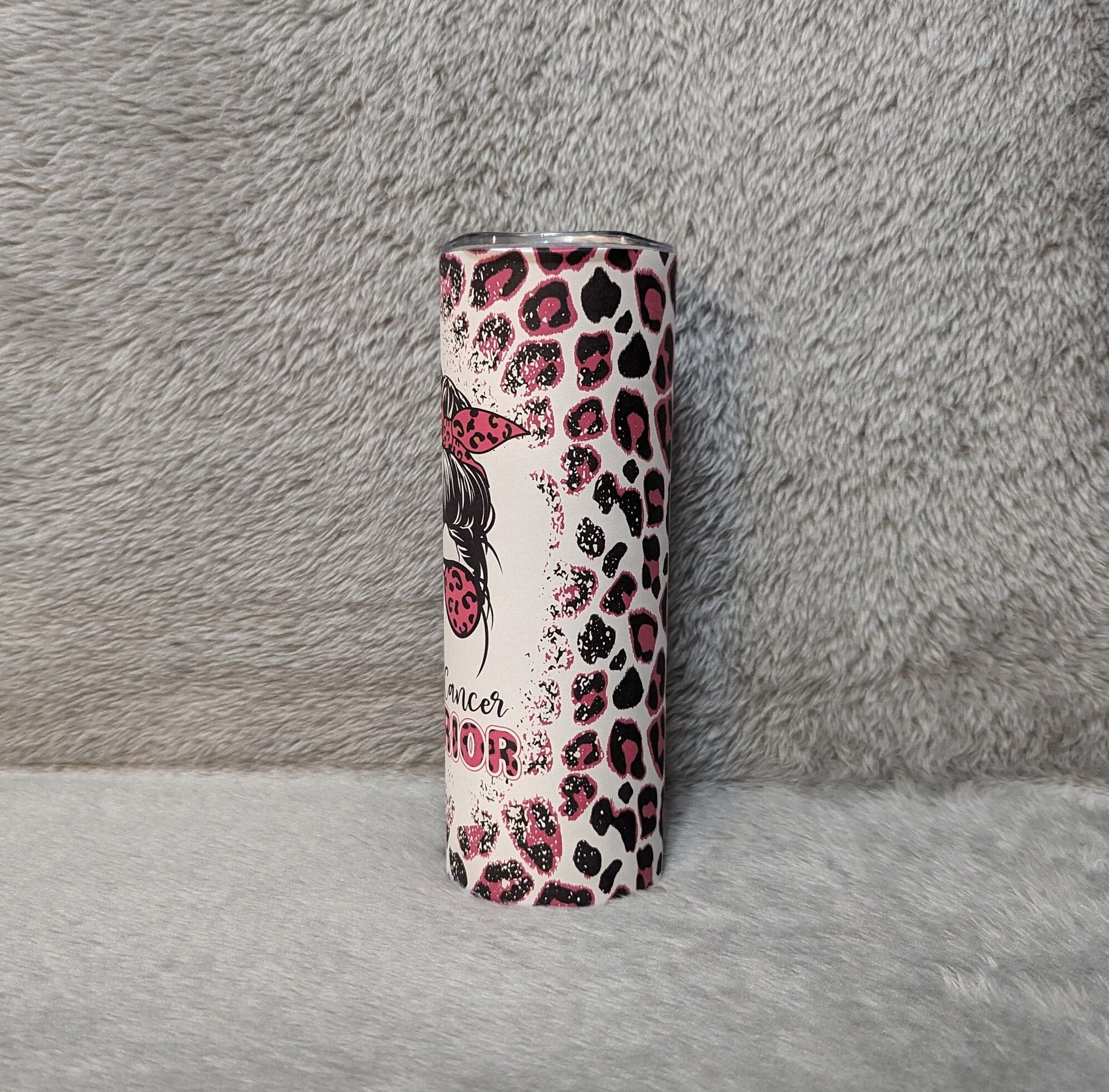 Breast Cancer Warrior Tumbler With A Pink Leopard Print 20oz With Reusable Straw, Can Be Personalized