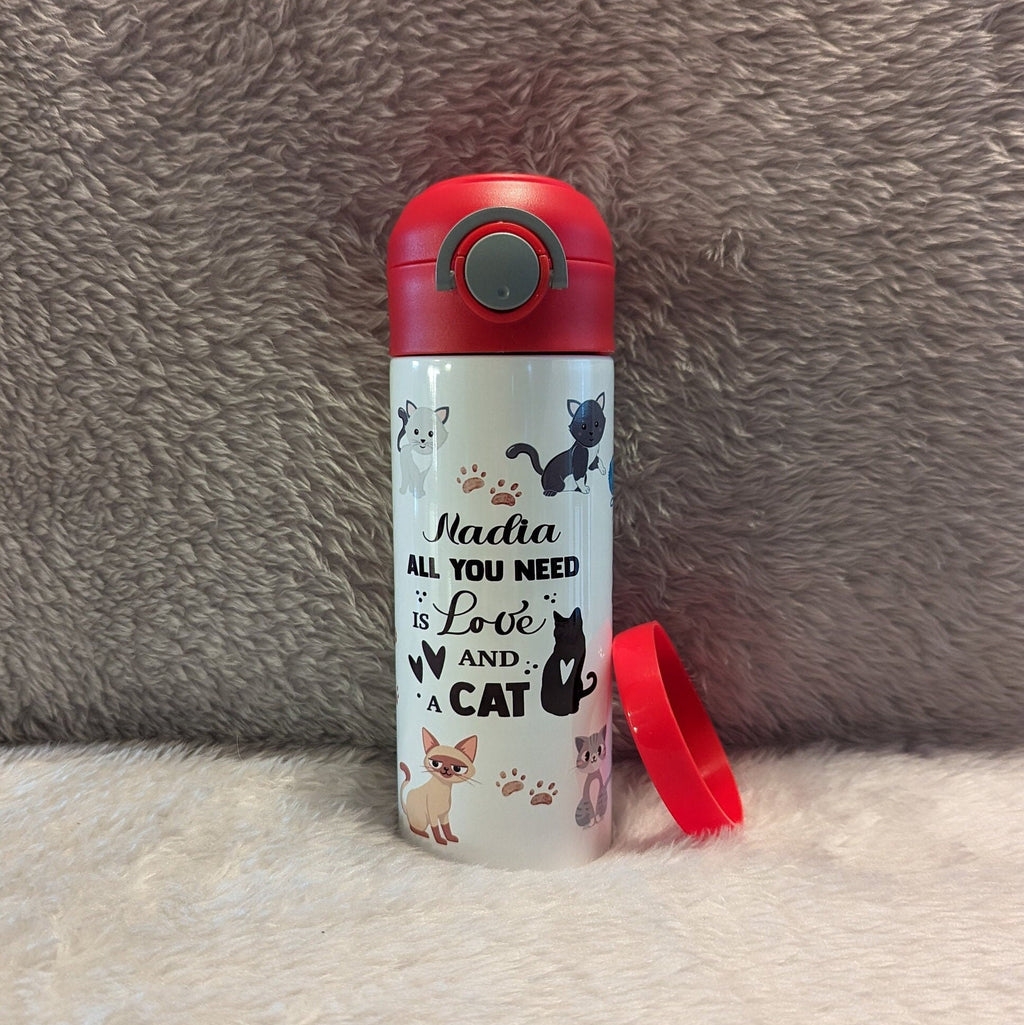 Kids Kitten Water Bottle 12oz With Reusable Straw, Can Be Personalized