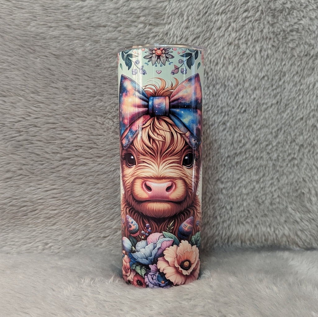Highland Cow Tumbler With A Calf and Colorful Flowers 20oz With Reusable Straw, Can Be Personalized