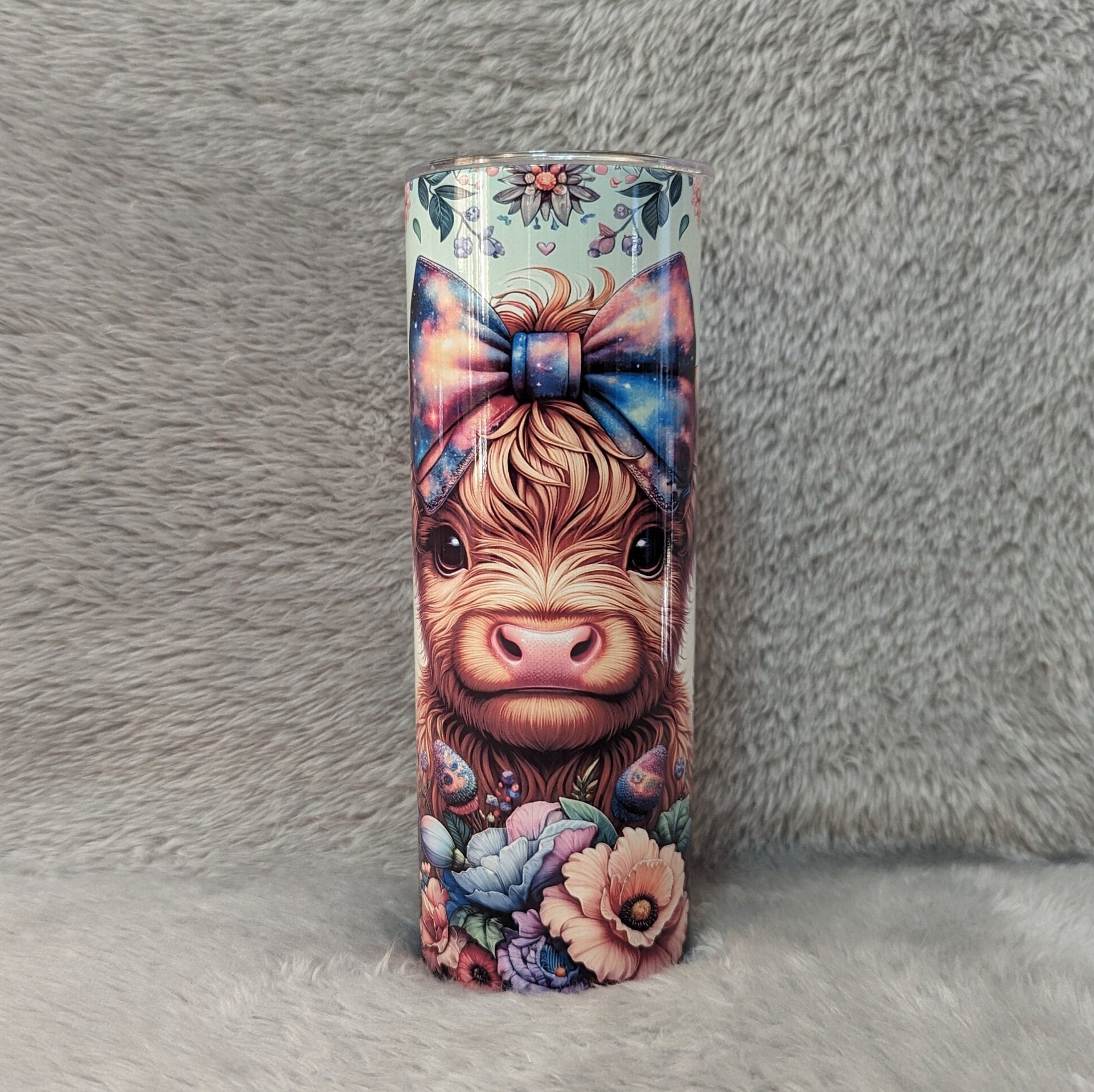 Highland Cow Tumbler With A Calf and Colorful Flowers 20oz With Reusable Straw, Can Be Personalized