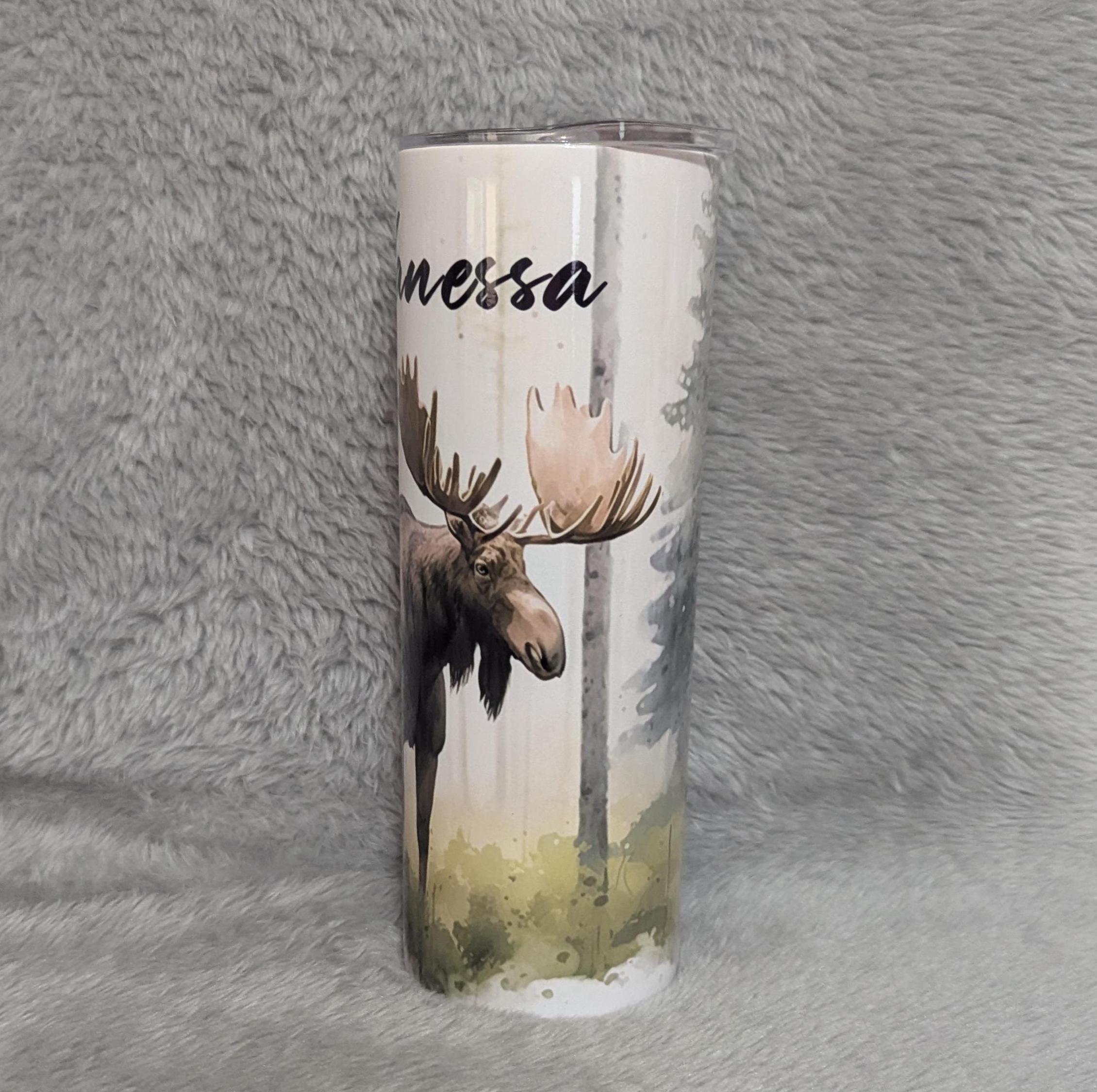 Moose Tumbler With Water Color Design 20oz With Reusable Straw, Can Be Personalized