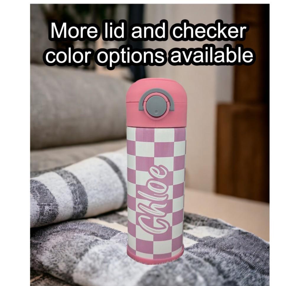 Kids Checkered Water Bottle 12oz With Reusable Straw Can Be Personalized