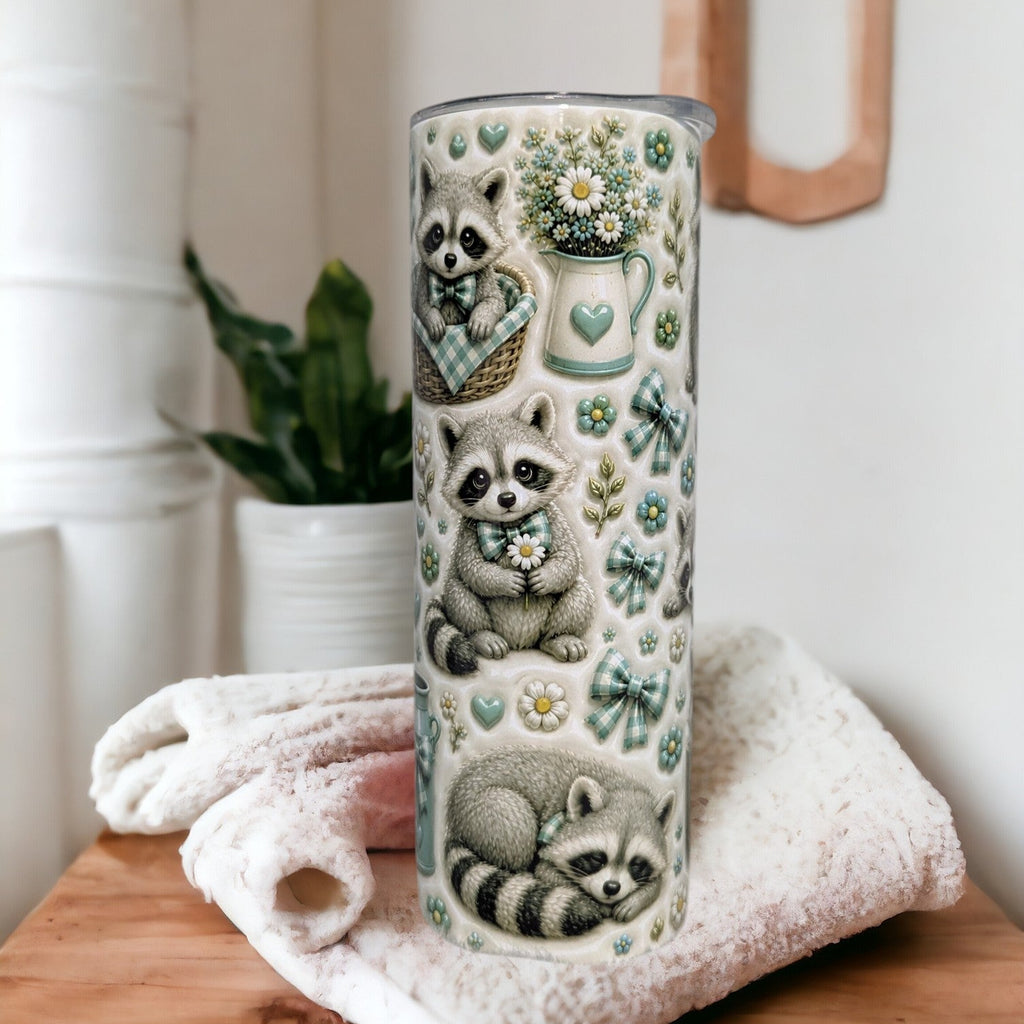 3D Design Raccoon Tumbler 20oz With Reusable Straw