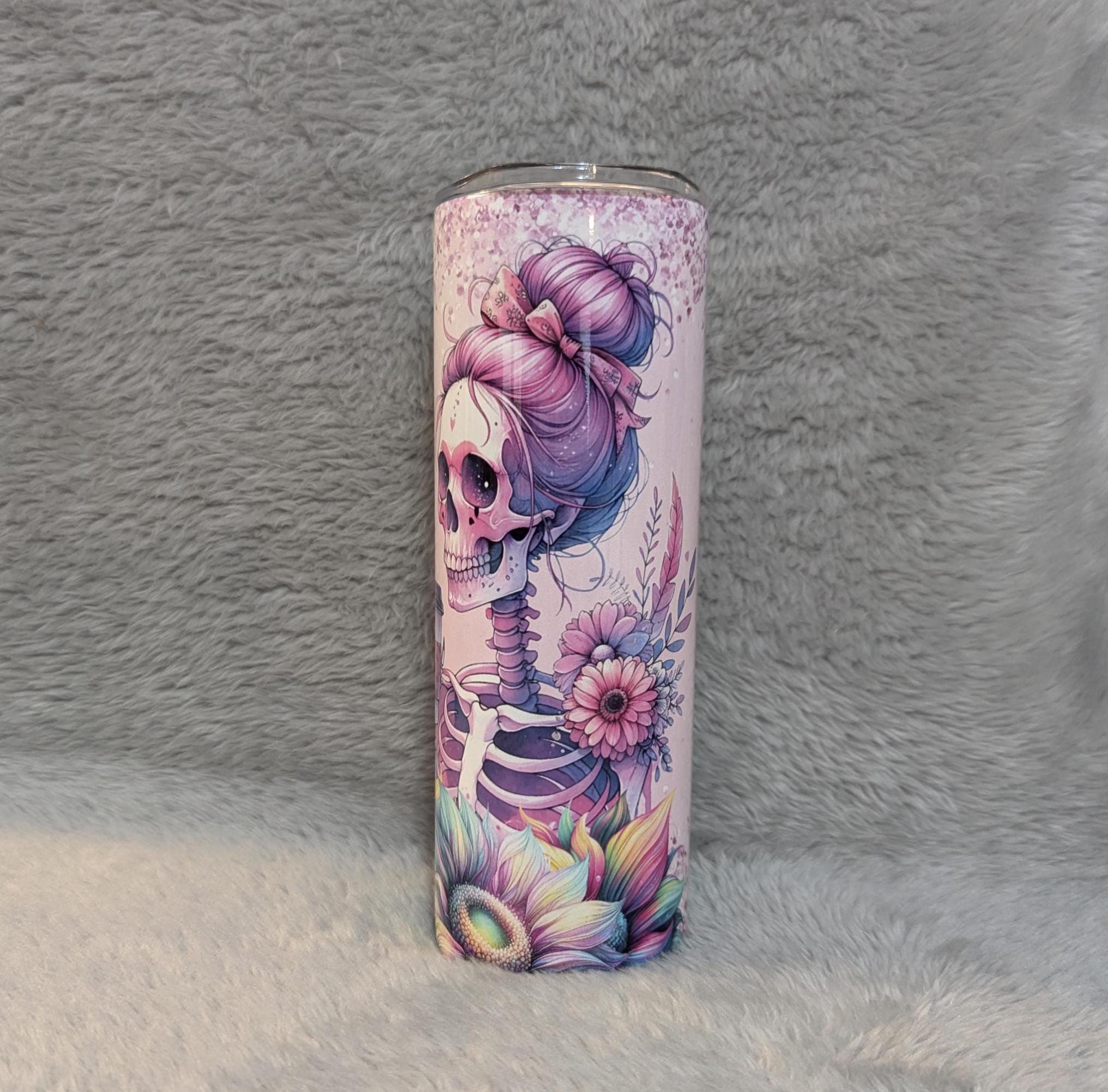 Mama Needs Her Coffee Skeleton Girl Tumbler With A Glitter Design 20oz With Reusable Straw, Can Be Personalized