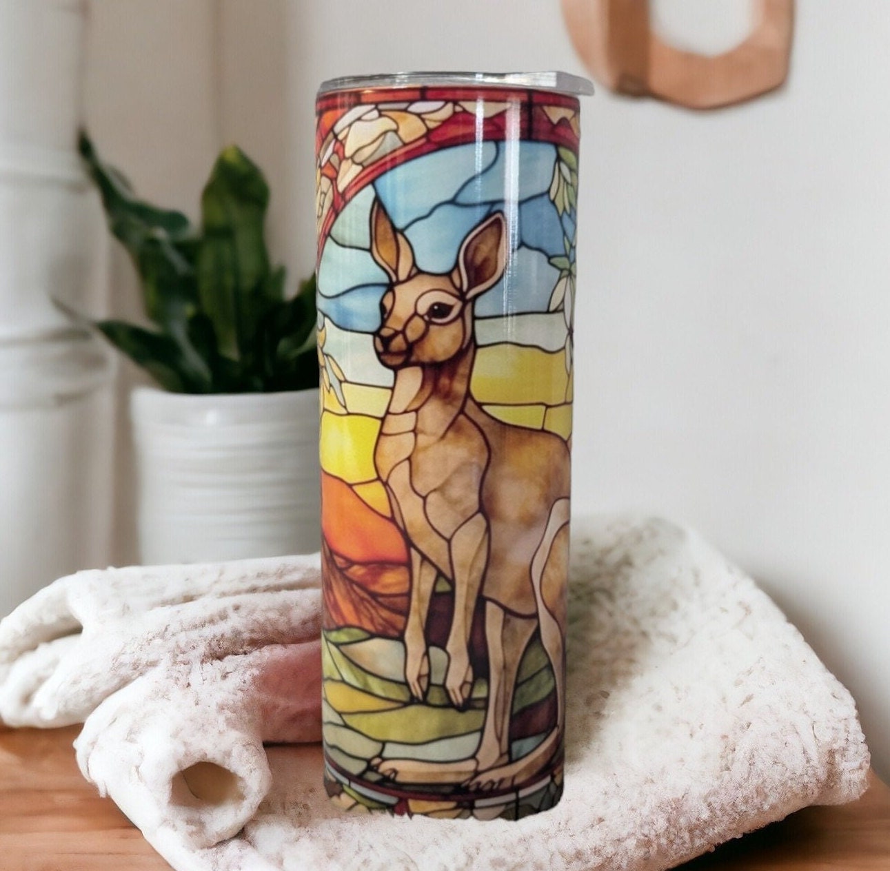 Kangaroo Tumbler with Stained Glass Design 20oz With Reusable Straw, Can Be Personalized