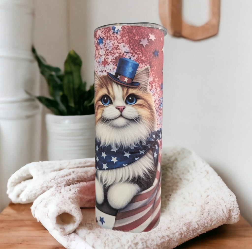 Patriotic Cat Tumbler 20oz With Reusable Straw, Can Be Personalized