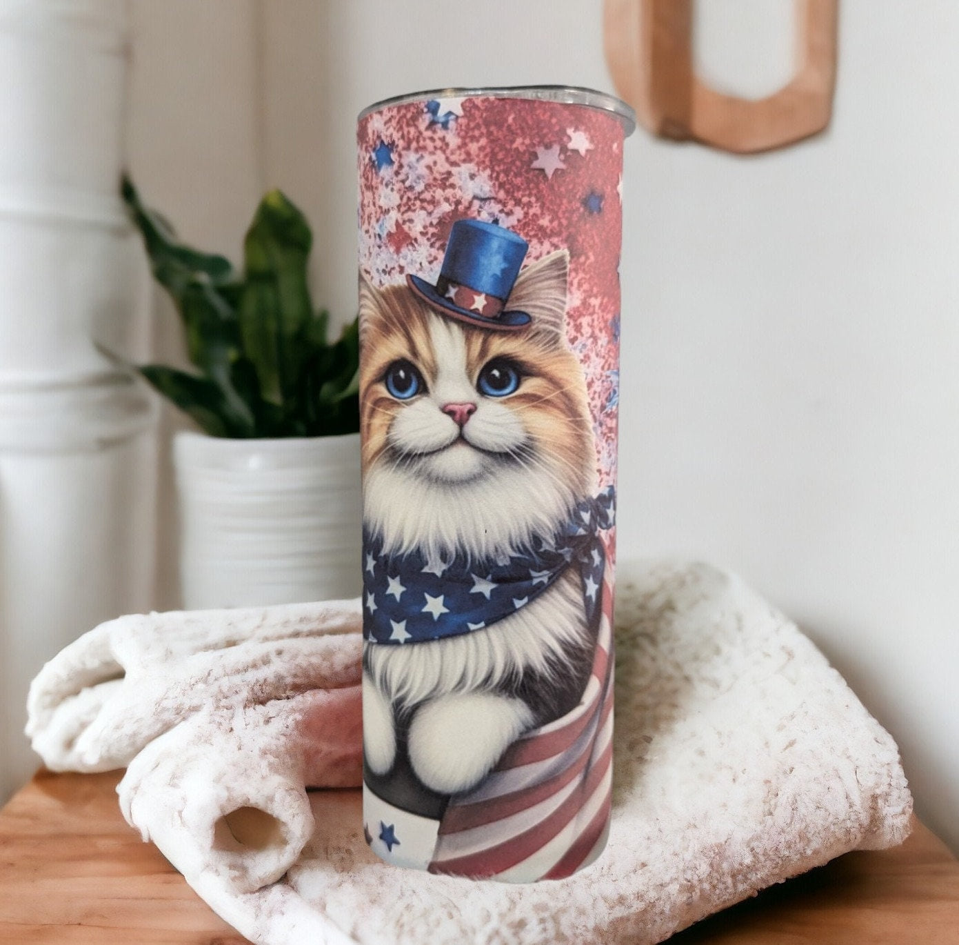Patriotic Cat Tumbler 20oz With Reusable Straw, Can Be Personalized