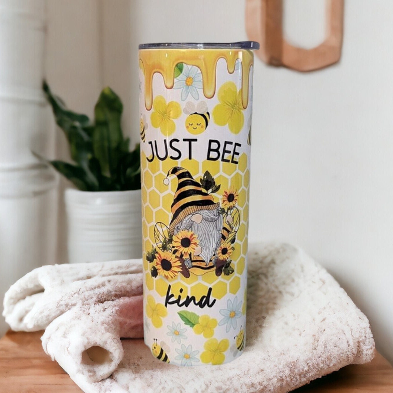 Just Bee Kind Honey Bee Gnome Tumbler 20oz With Reusable Straw, Can Be Personalized