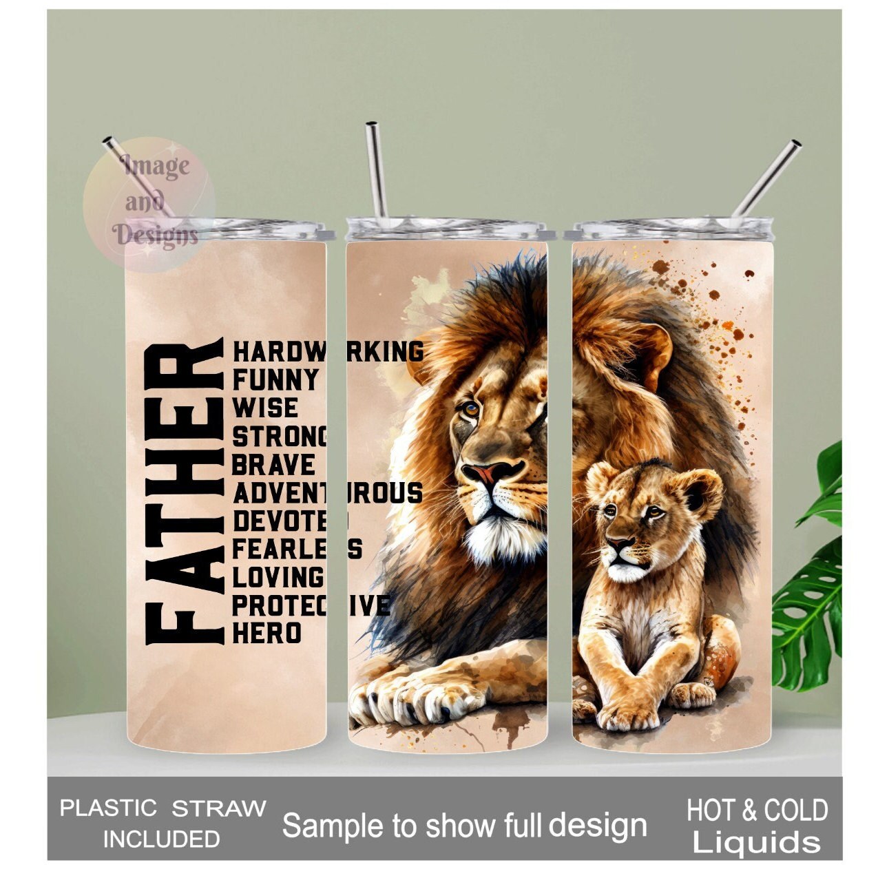 Father Tumbler With A Lion and Cub 20oz With Reusable Straw, Can Be Personalized